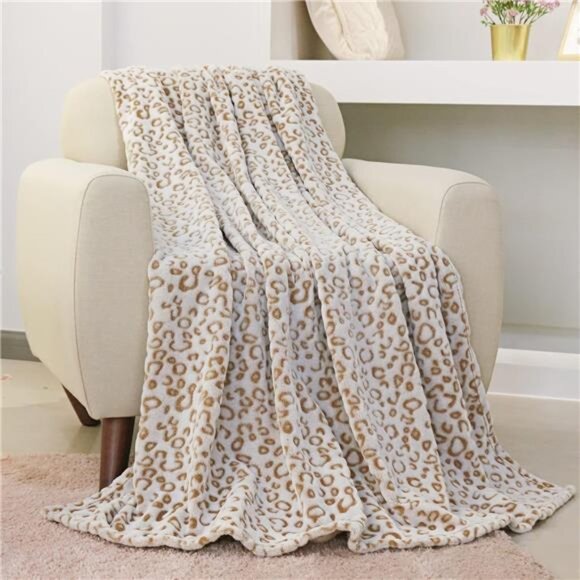 Flannel Fleece Throw Blanket with 3D Leopard Print, 50"X60", Brown - Picture 2 of 7
